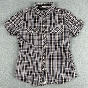 Woolrich Womens Plaid Short Sleeve Button Up Shirt Size Small Purple Pink Blue